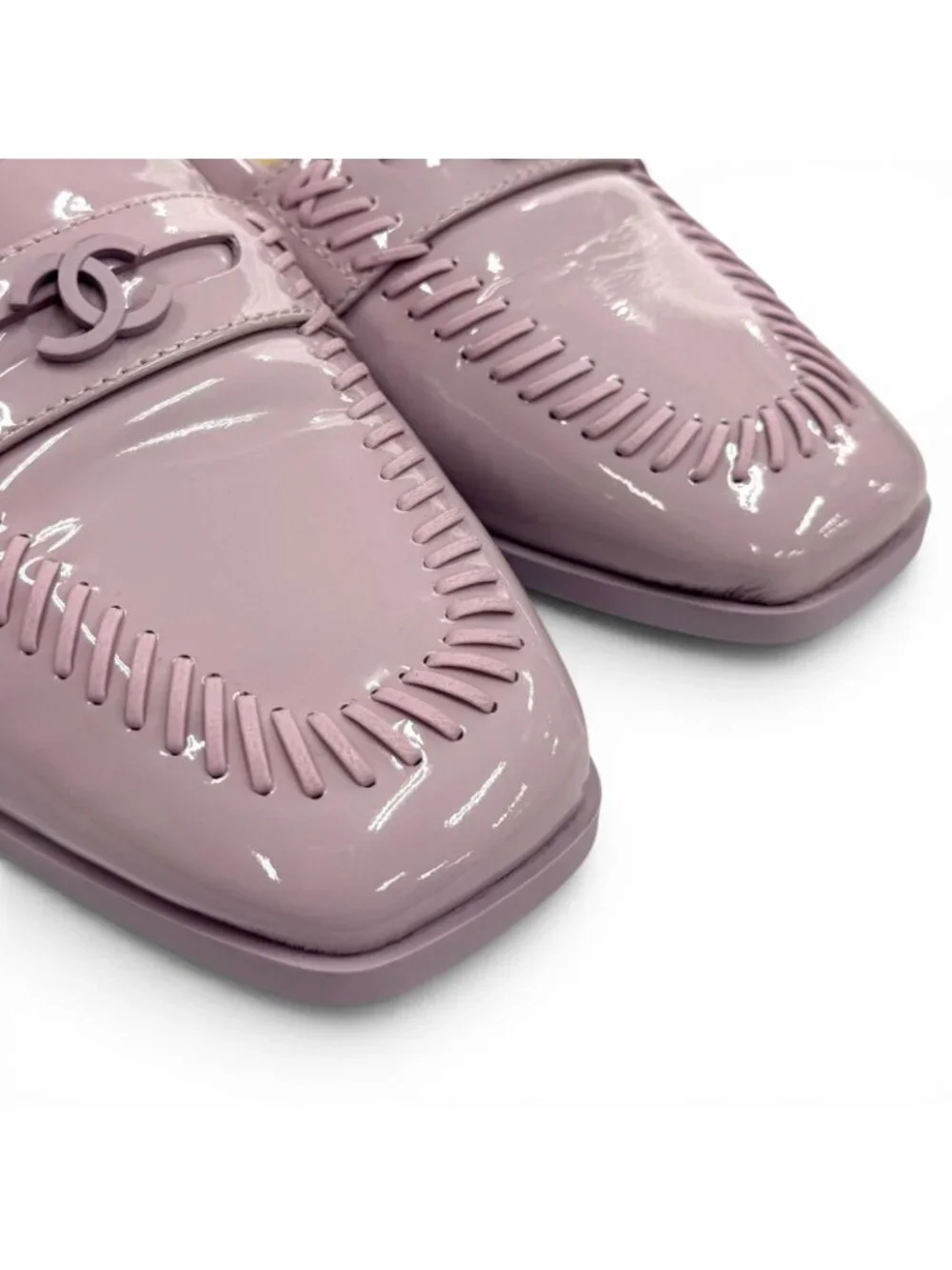 Chanel CC Logo Square Toe Patent Leather Loafers Purple